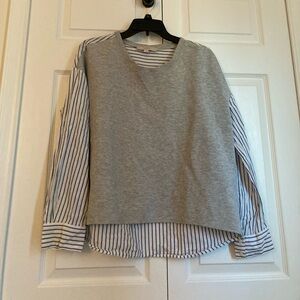 LOFT Crew Gray Sweatshirt with Blue and White Striped Shirt